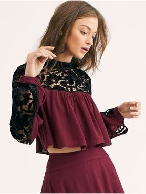 Free People Embroidered Burgundy and Black Velvet Lace Crop Top Two Piece Set